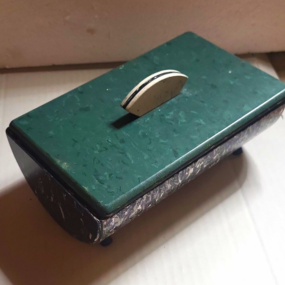 1999 Marbled Acrylic Box w/ Lid Feet Green Black Signed T. Encers Unique Sculptu